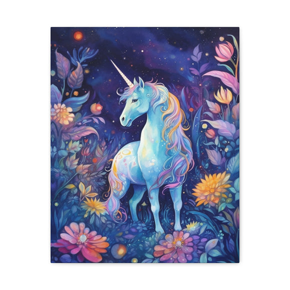 Unicorn in Magical Blue Forest with Flowers