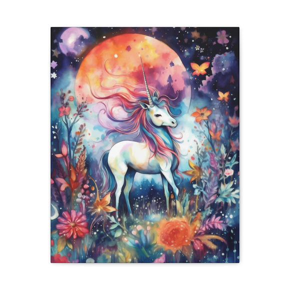 Unicorn Under Moon Surrounded by Flowers