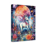 Unicorn Under Moon Surrounded by Flowers