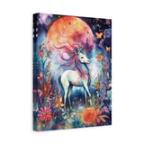 Unicorn Under Moon Surrounded by Flowers