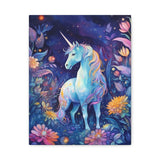 Unicorn in Magical Blue Forest with Flowers