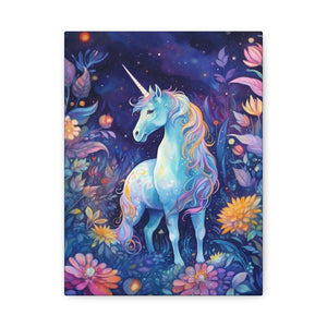 Unicorn in Magical Blue Forest with Flowers