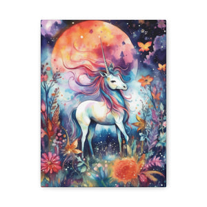 Unicorn Under Moon Surrounded by Flowers