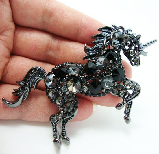 Black Unicorn Rhinestone Brooch